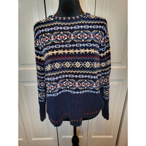 Navy Blue Chenille Fair Isle Sweater Planet PM Apres' Ski Winter Cozy Christmas